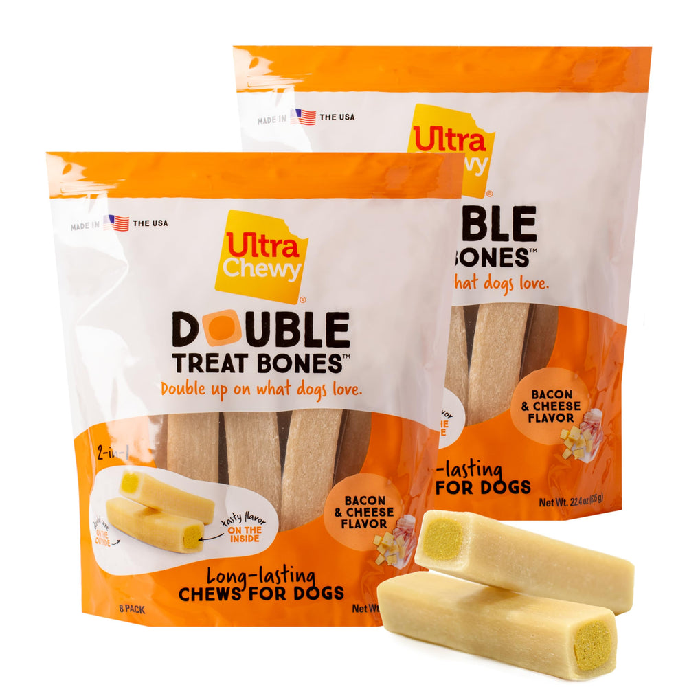 Ultra Chewy Double Treat Bones packaging front for on-the-go chewers