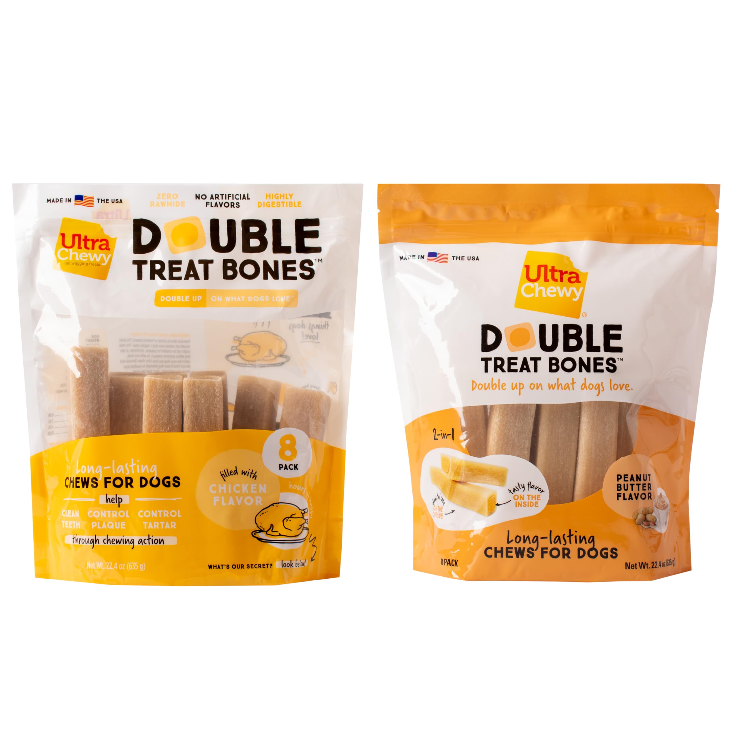 Ultra Chewy Double Treat Bones packaging highlight two-pack convenience for on-the-go dogs.