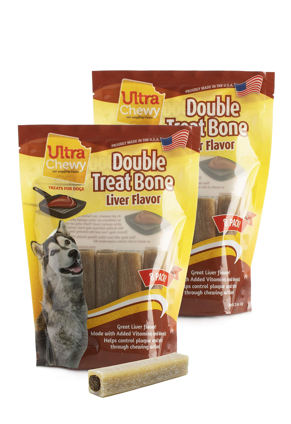 Ultra Chewy Double Treat Bones packaging visual, USA-made, showcasing long-lasting chews