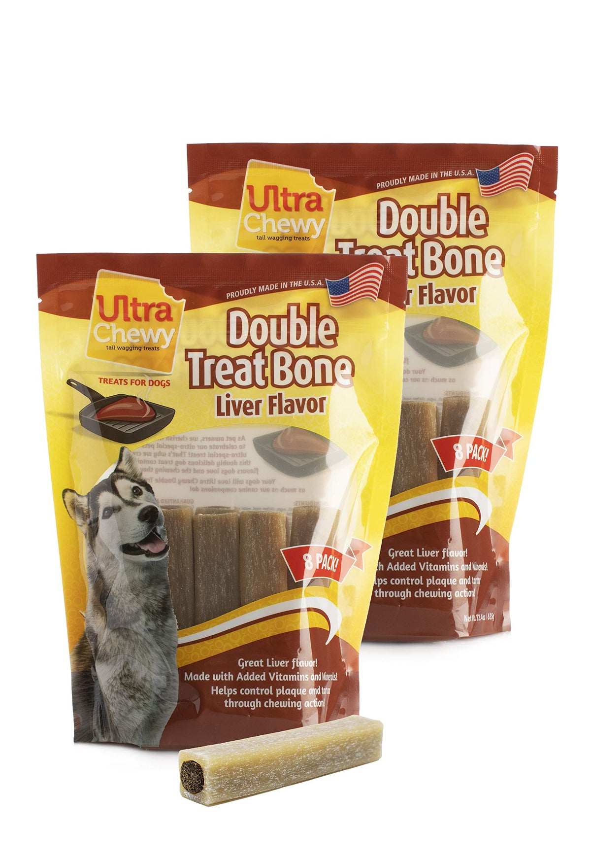 Ultra Chewy Double Treat Bones packaging visual, USA-made, showcasing long-lasting chews