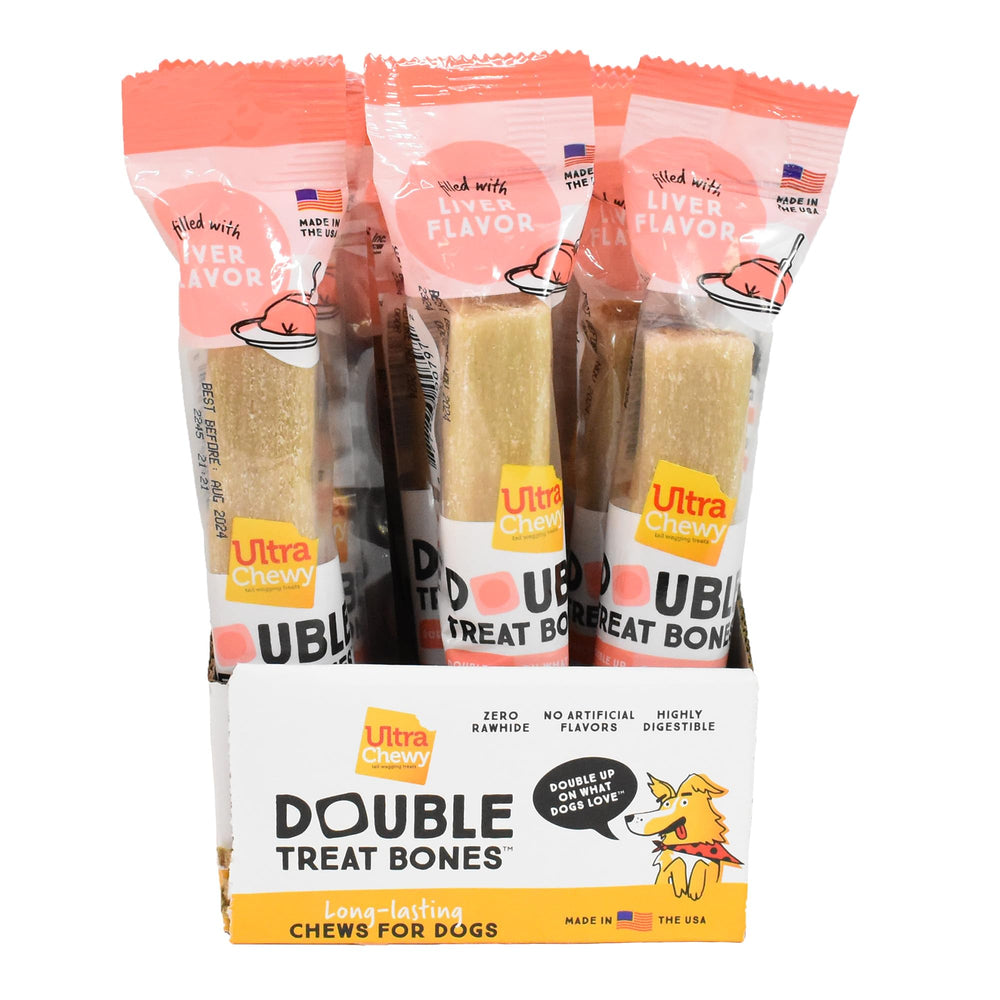 Ultra Chewy Liver Double Treat Bones chewing action supports dental play and fresher breath