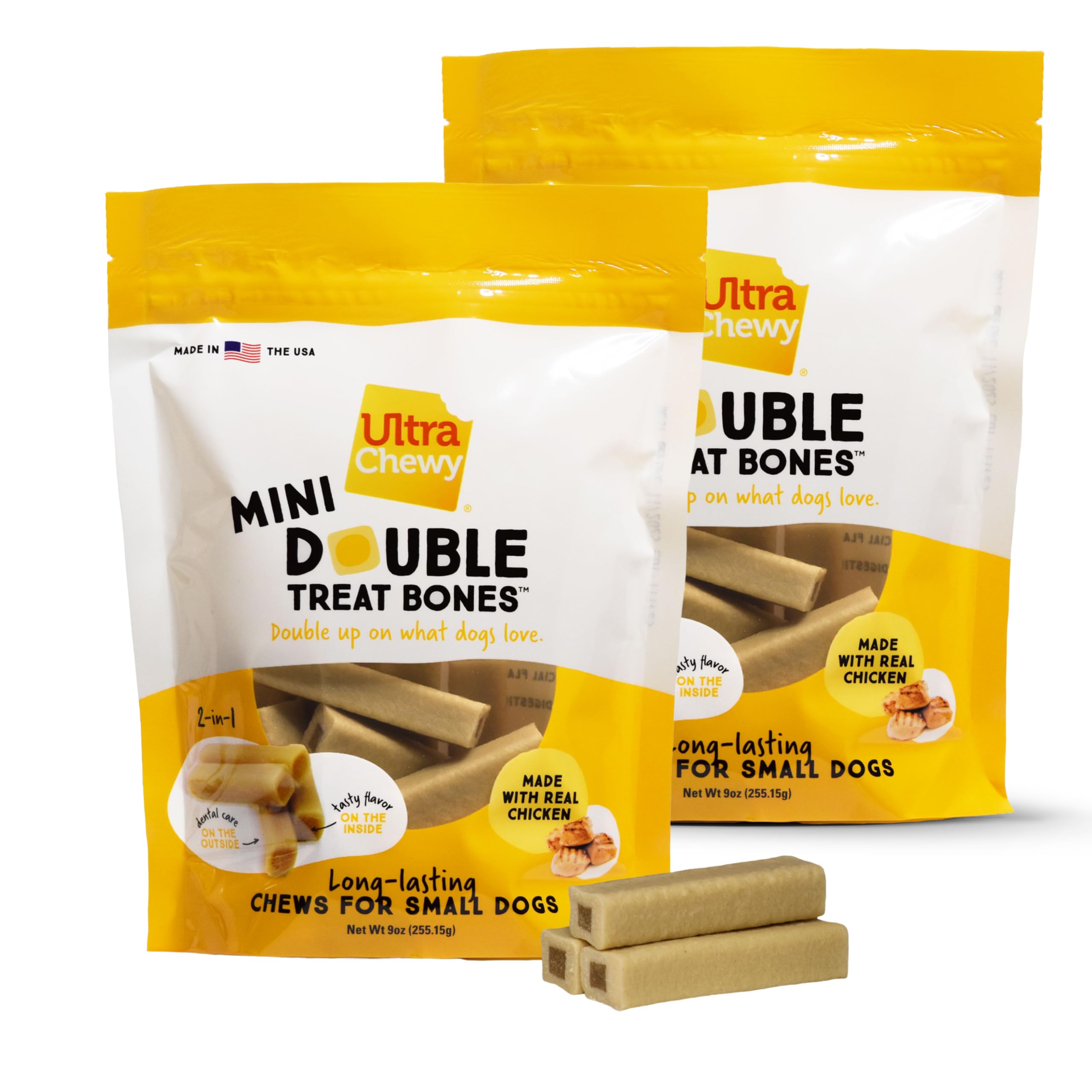Ultra Chewy Mini Double Treat Bones packaging shows a long lasting chew for aggressive chewers