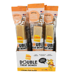 Ultra Chewy Peanut Butter Double Treat Bones packaging demonstrates USA-made quality for long-lasting enrichment