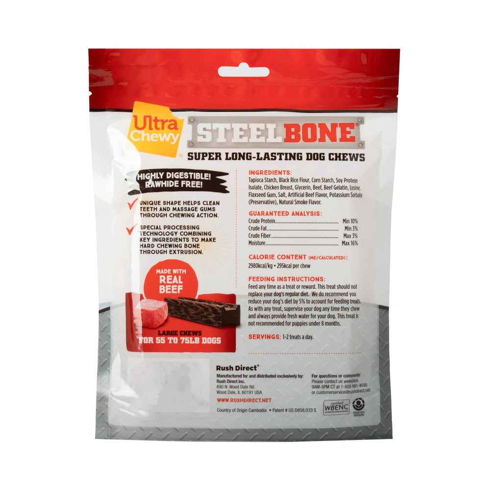 Ultra Chewy Steel Bones large beef flavor for extended chew sessions.