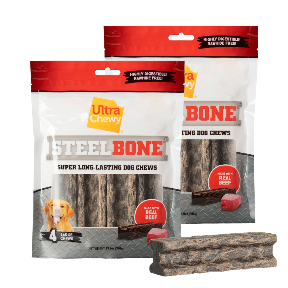 Ultra Chewy Steel Bones large beef flavor packaging close-up highlighting long-lasting chews.