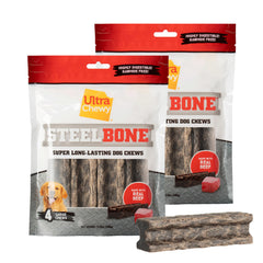 Ultra Chewy Steel Bones large beef flavor packaging close-up highlighting long-lasting chews.