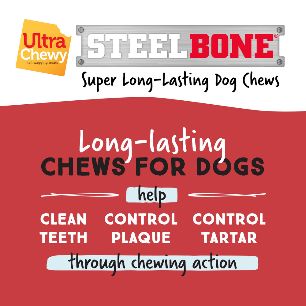 Ultra Chewy Steel Bones rawhide-free label close-up emphasizing safer chewing.