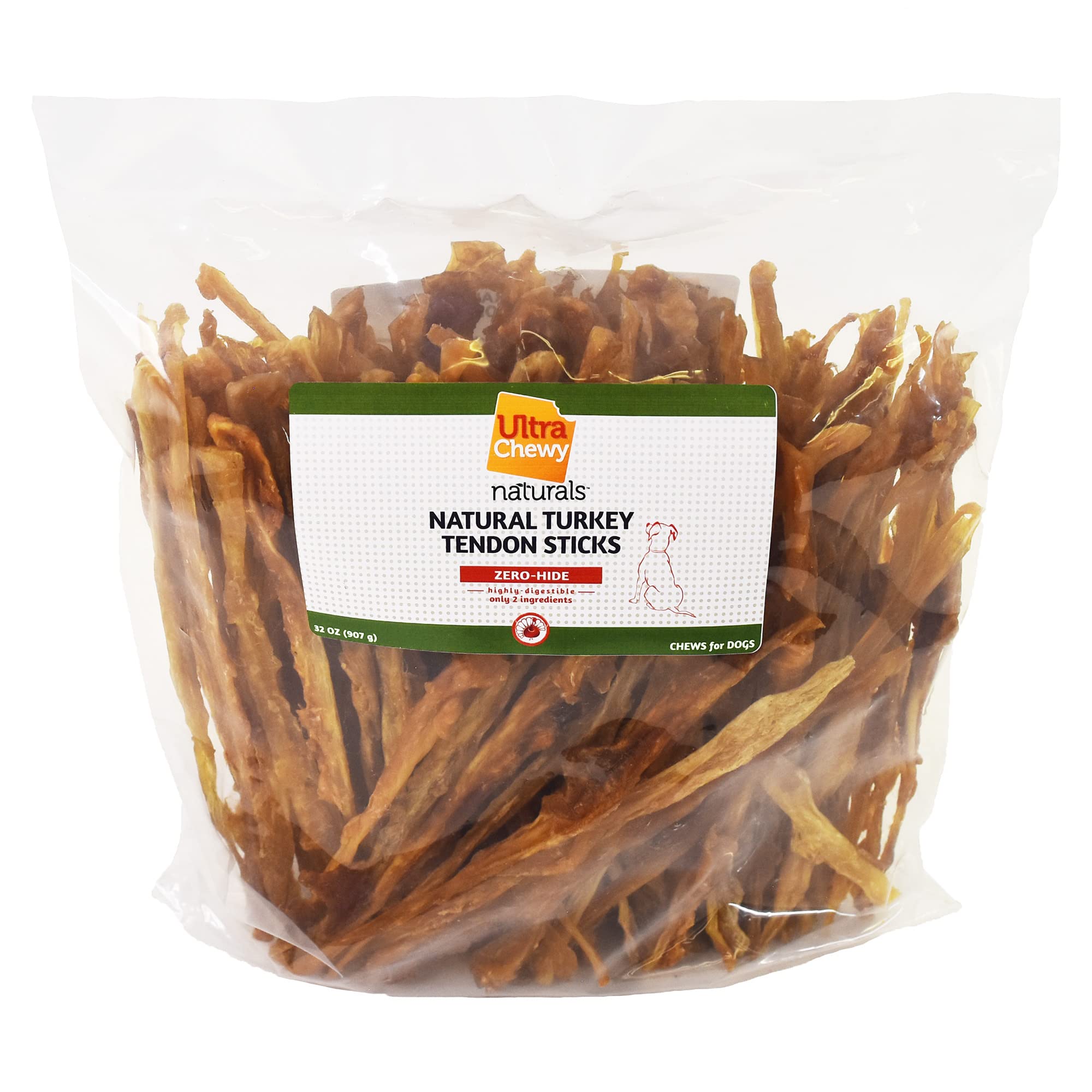 Ultra Chewy turkey tendon sticks pack closeup showing long-lasting chew for dogs.