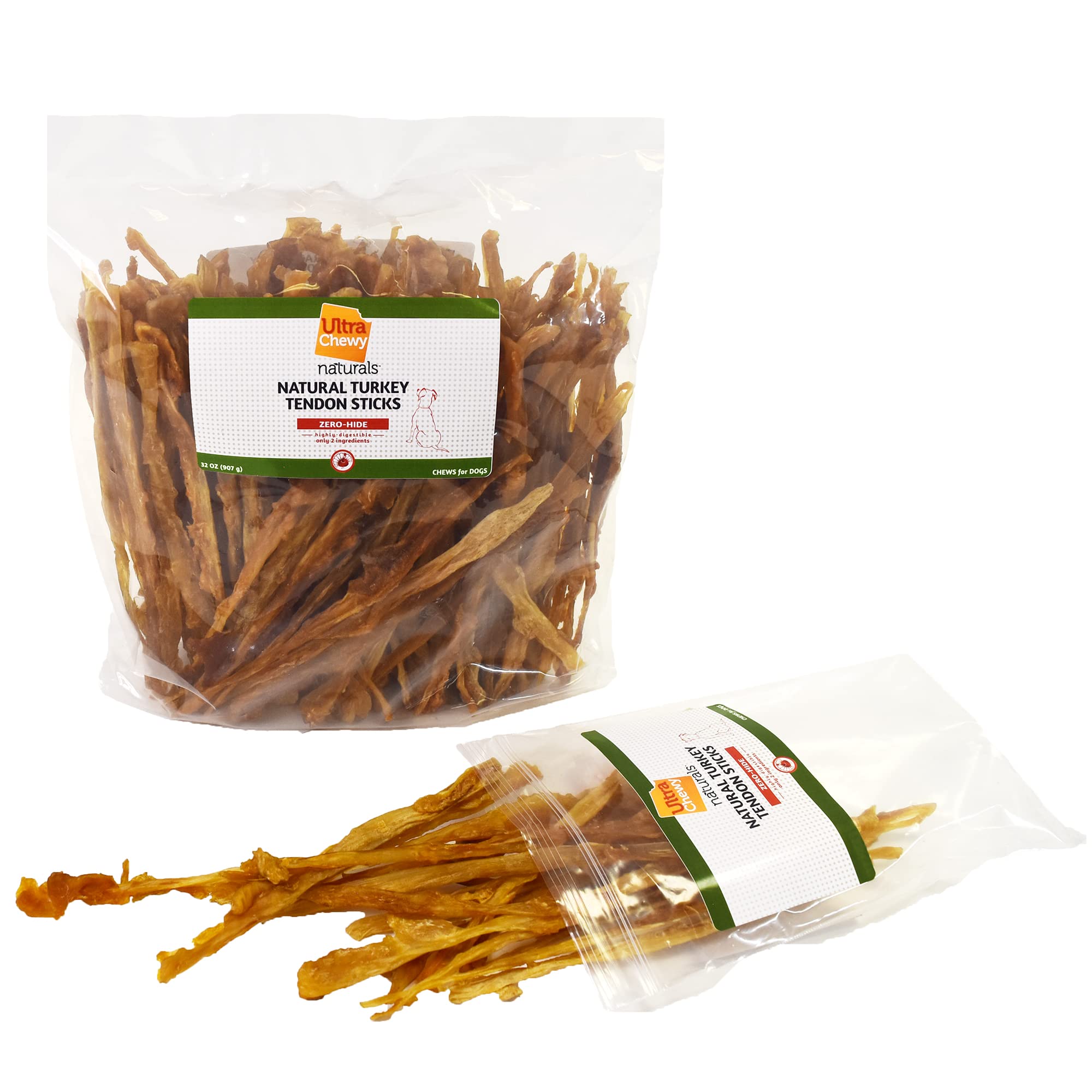 Ultra Chewy turkey tendon sticks closeup texture suggesting easy digestion.