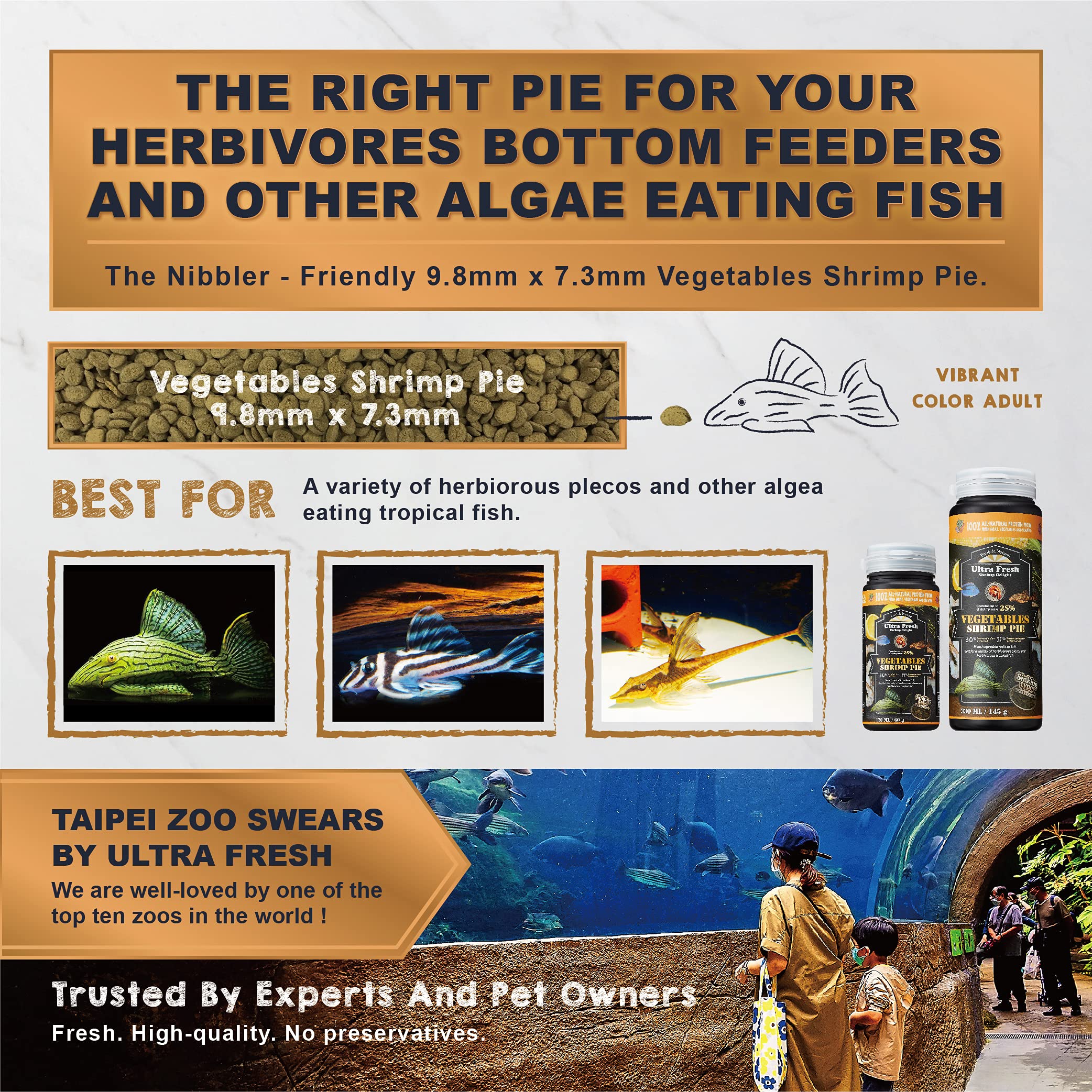 Ultra Fresh Algae Wafers color-enhancing formula brightens plecos' natural hues during aquarium viewing.