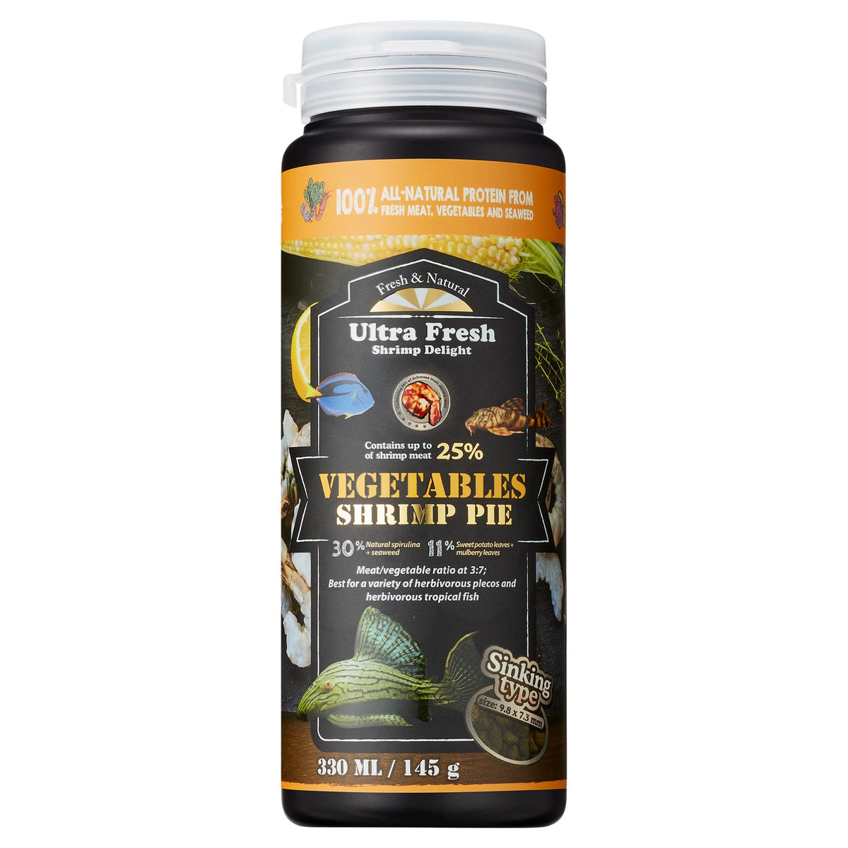 Ultra Fresh Algae Wafers packaging highlights natural ingredients for algae eaters and color enhancement.