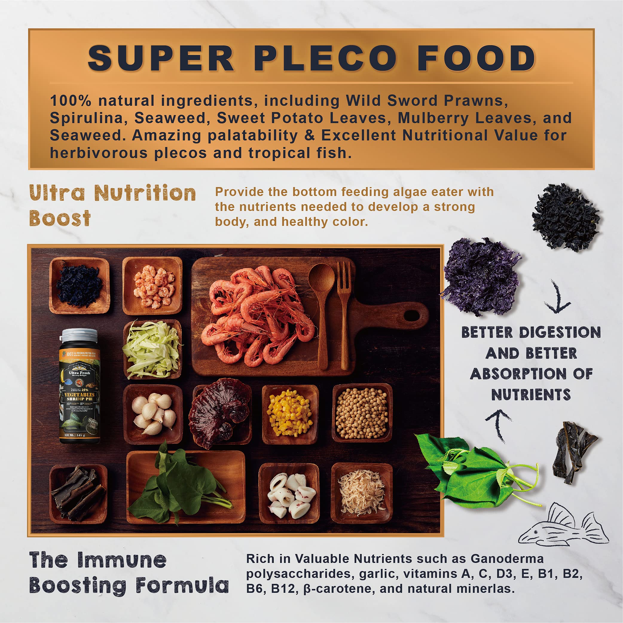 Ultra Fresh Algae Wafers spirulina-seaweed ingredients closeup emphasizing natural nutrition and color support.
