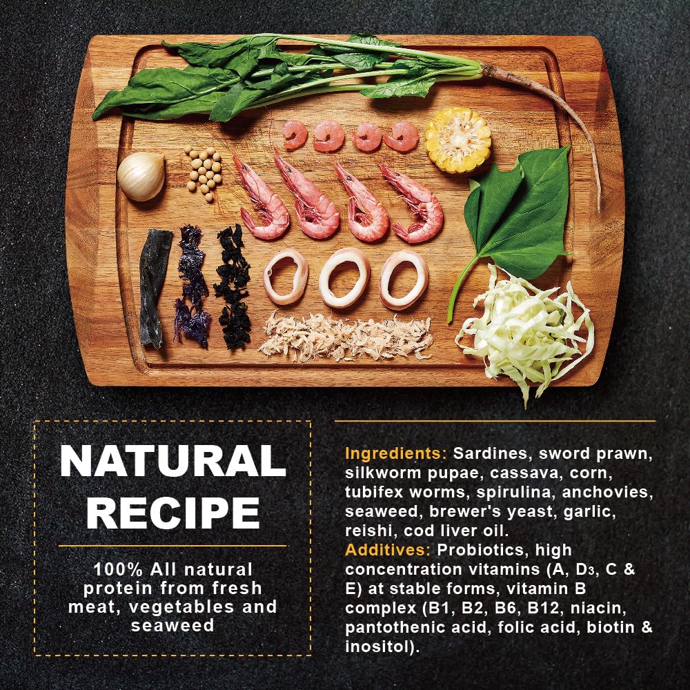 Ultra Fresh Apex guppy food ingredients list shows sword prawns and spirulina for nourishment