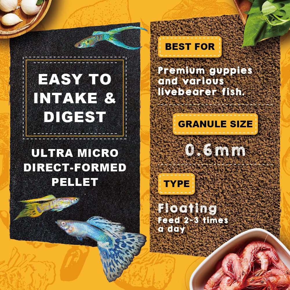 Ultra Fresh Apex guppy food pellets closeup reveals textured pellets for easy consumption