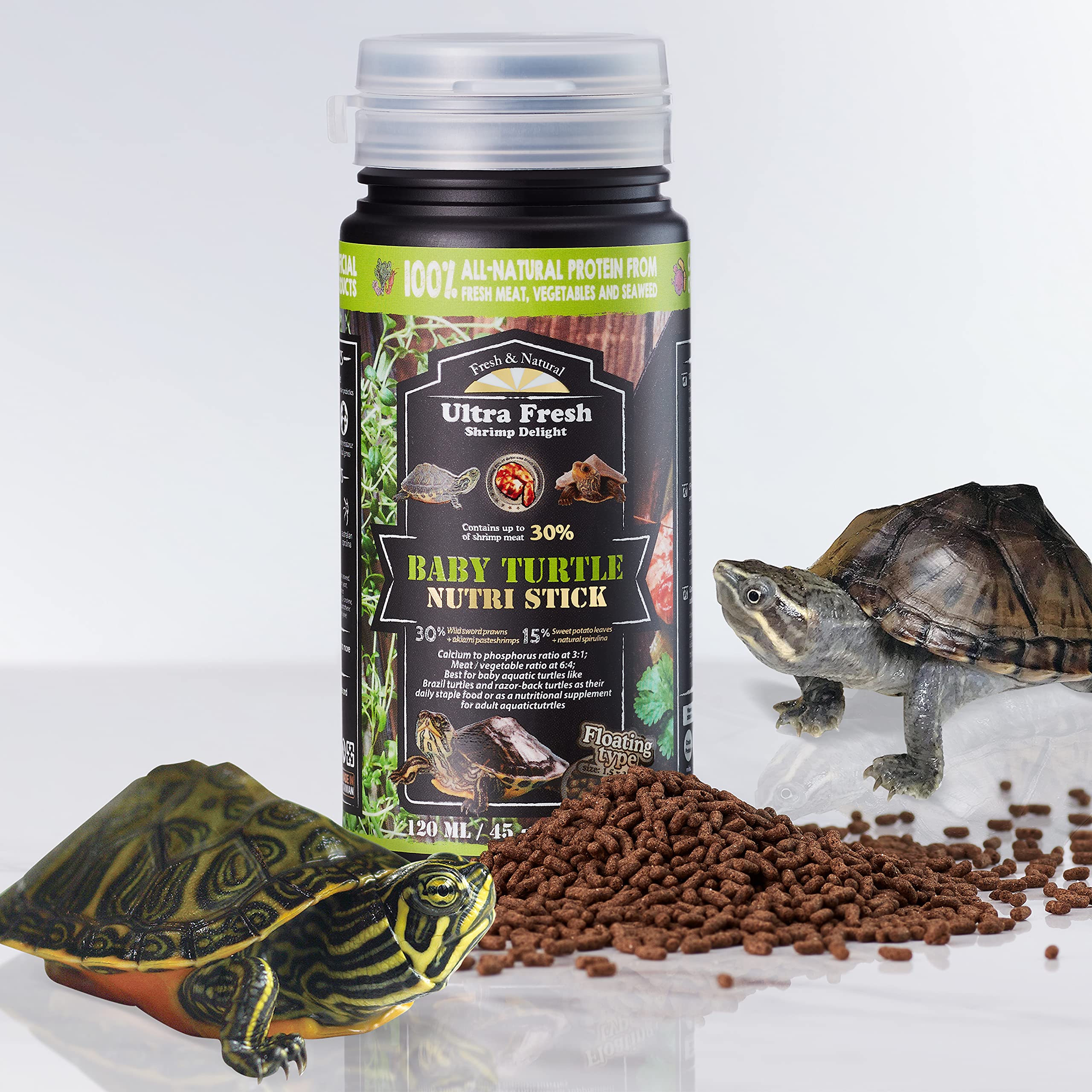 Ultra Fresh turtle food close-up shows prawns and vegetables for balanced nutrition
