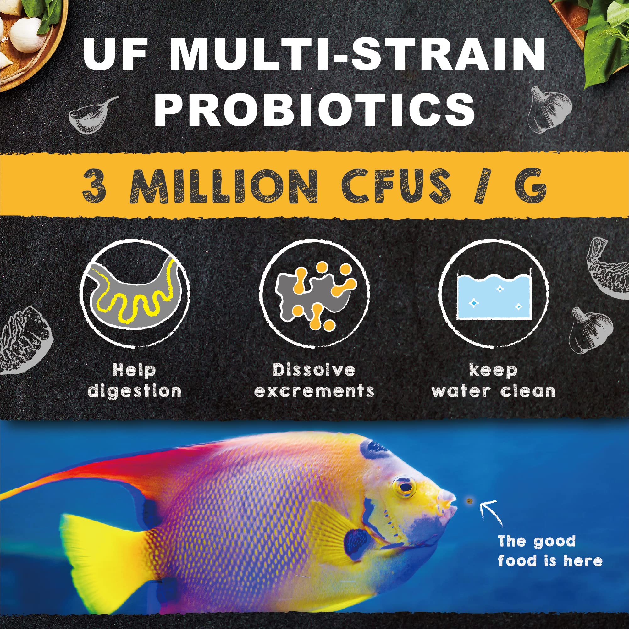 Ultra Fresh Marine Fish Food contains calcium and vitamin D for overall health.