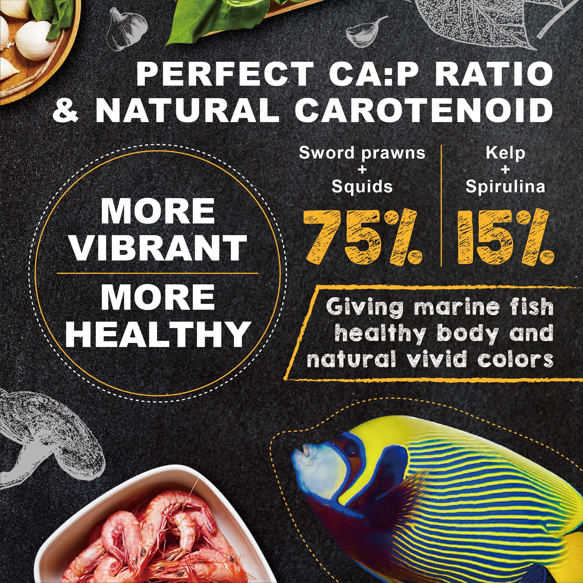 Ultra Fresh Marine Fish Food squid and vegetables blend supports natural coloration and healthy appetite.