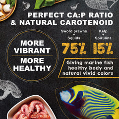 Ultra Fresh Marine Fish Food squid and vegetables blend supports natural coloration and healthy appetite.