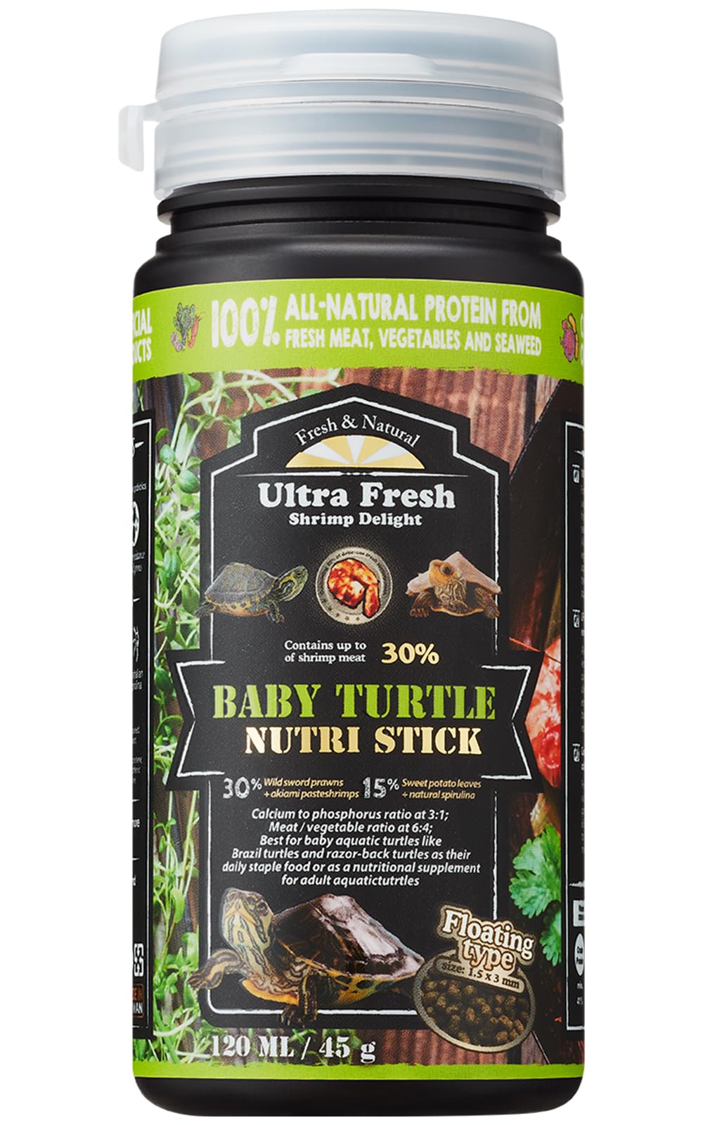 Ultra Fresh Floating Baby Turtle Food packaging highlights sword prawn flavor for picky turtles