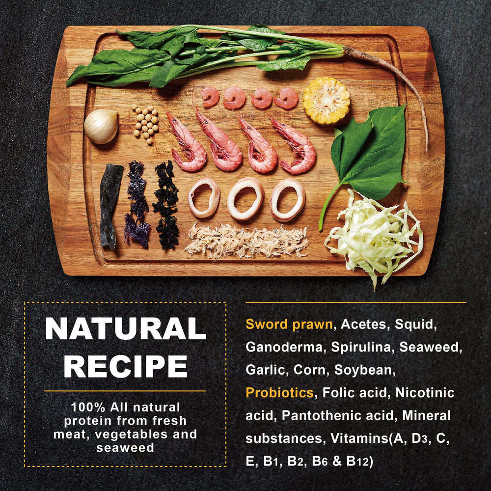 Ultra Fresh Royal Cichlid wild sword prawns ingredients close-up with colorful natural components.