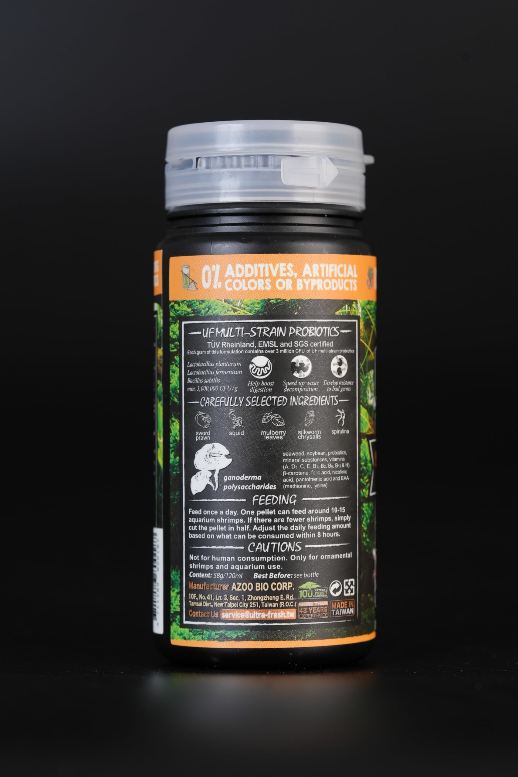 Ultra Fresh Shrimp Food portion example shows feeding one pellet for many shrimps.