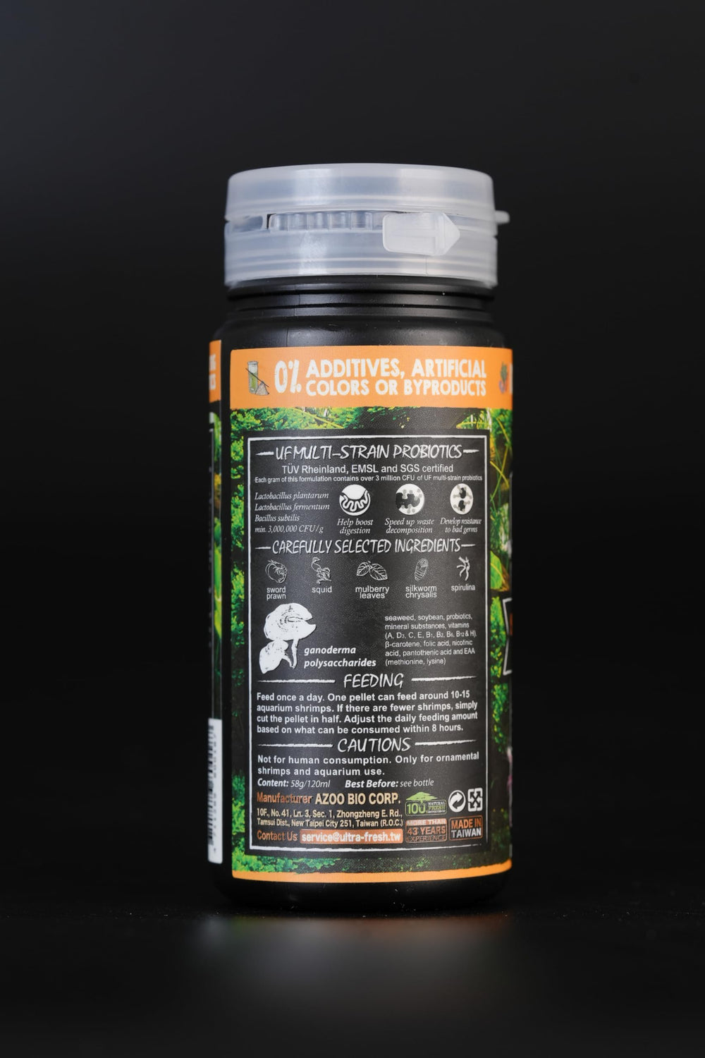 Ultra Fresh Shrimp Food portion example shows feeding one pellet for many shrimps.