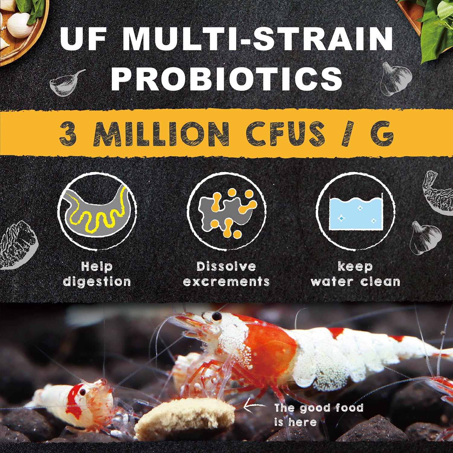 Ultra Fresh Shrimp Food spirulina and greens close-up indicates nutrient mix.
