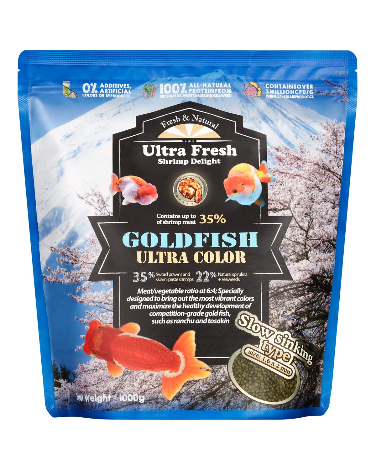 Ultra Fresh sinking goldfish food pellets color enhancement for vibrant fish.