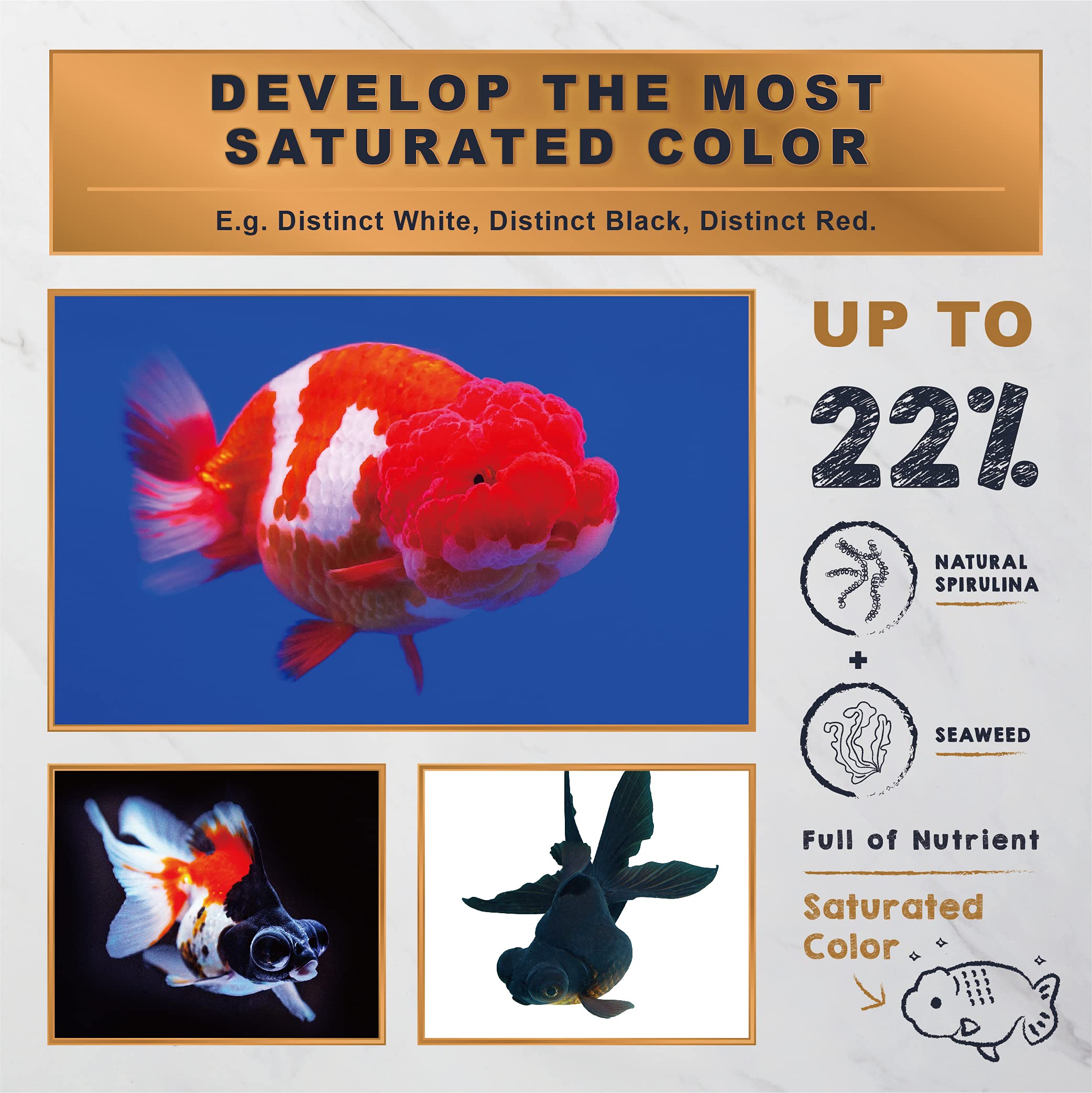 Ultra Fresh Sinking Goldfish Food natural ingredients display with squid and seaweed visuals.