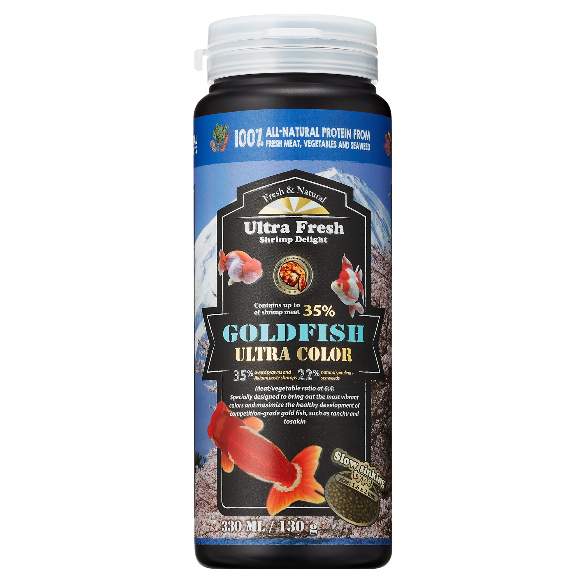 Ultra Fresh Sinking Goldfish Food packaging highlights color-enhancing diet for vibrant goldfish.