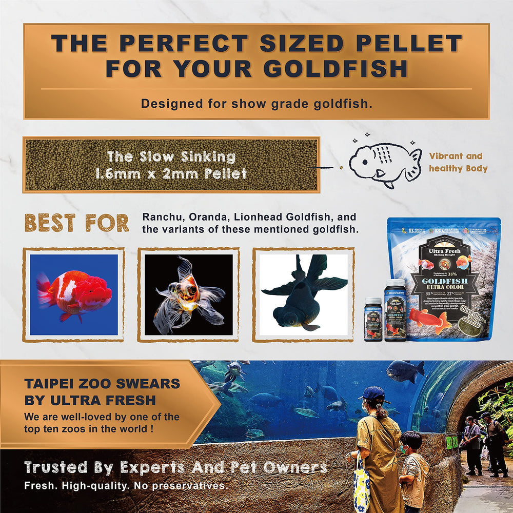 Ultra Fresh Sinking Goldfish Food pellets close-up demonstrating slow sinking for easy feeding.
