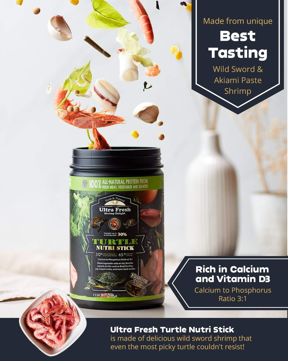 Ultra Fresh Turtle Nutri Stick ingredients emphasize calcium and vitamins for growth.