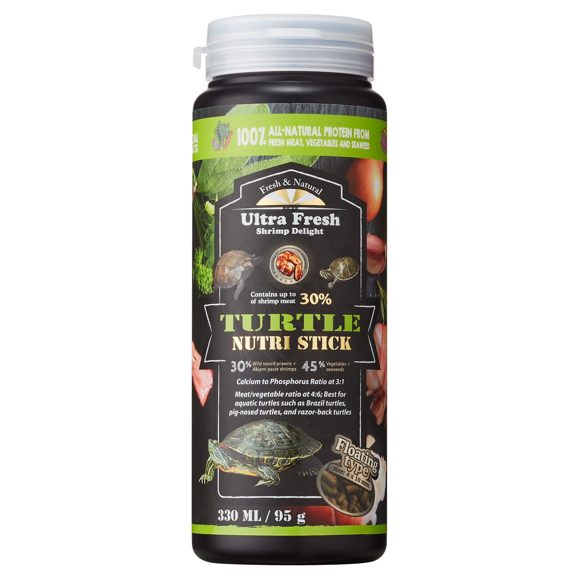 Ultra Fresh Turtle Nutri Stick packaging shows all-natural ingredients for picky turtles.