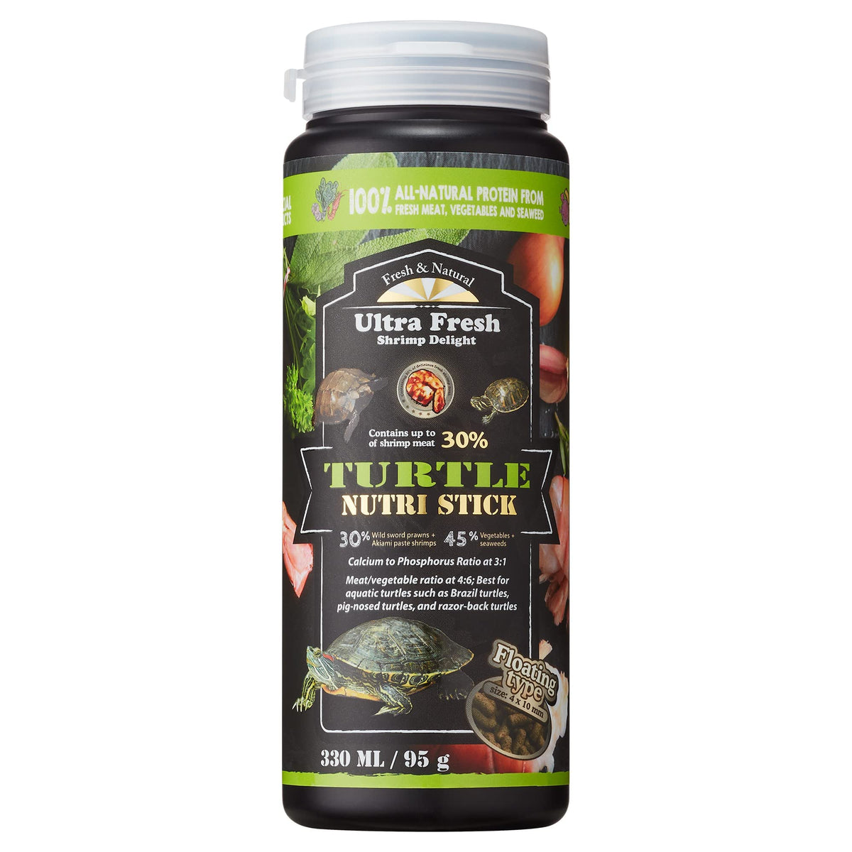 Ultra Fresh Turtle Nutri Stick packaging shows all-natural ingredients for picky turtles.