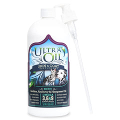 Ultra Oil dog coat shine bottle pour promotes glossy, healthy fur.