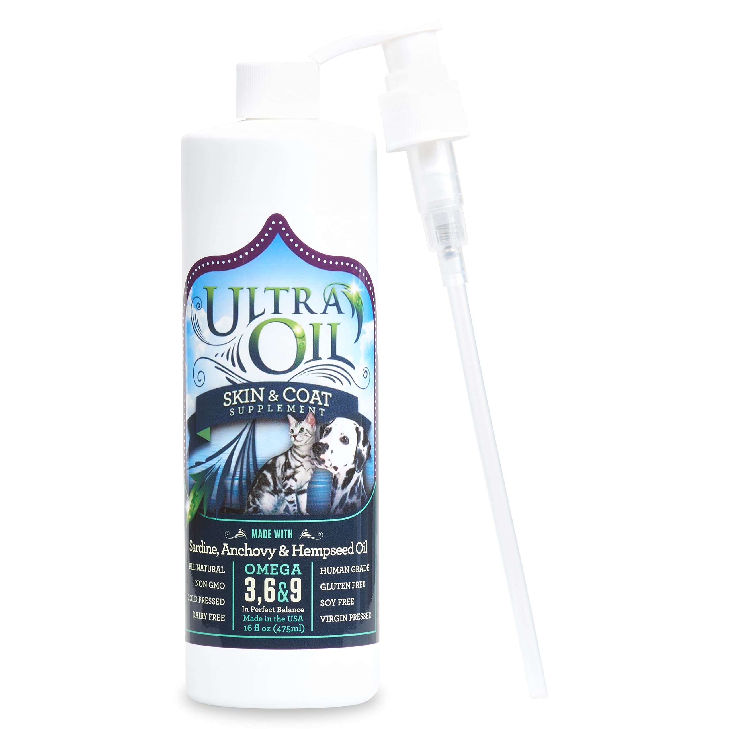 Ultra Oil Skin & Coat bottle-pour demonstrates easy dosing for dogs and cats.