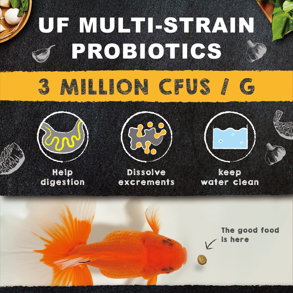 Ultra Fresh balanced diet pellets showing protein-vegetable mix for steady goldfish development.