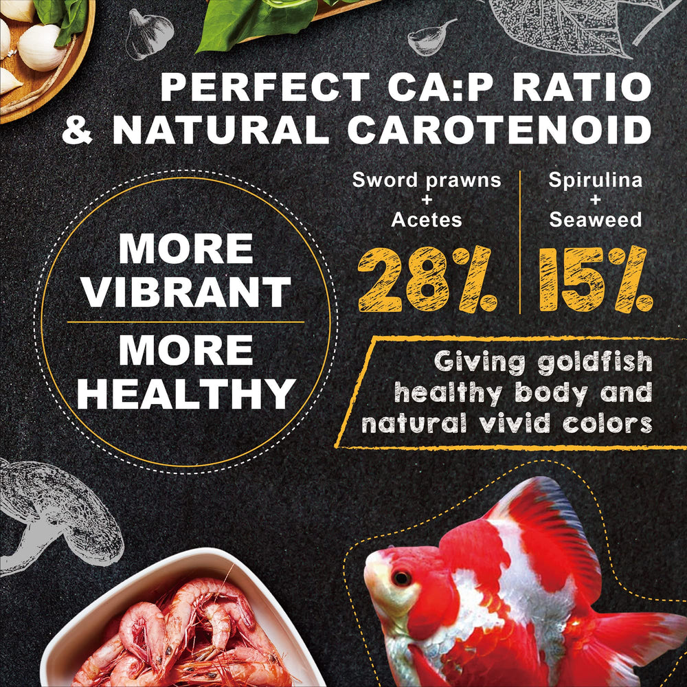 Ultra Fresh color-enhancing goldfish food pellets highlighting vibrant color potential.