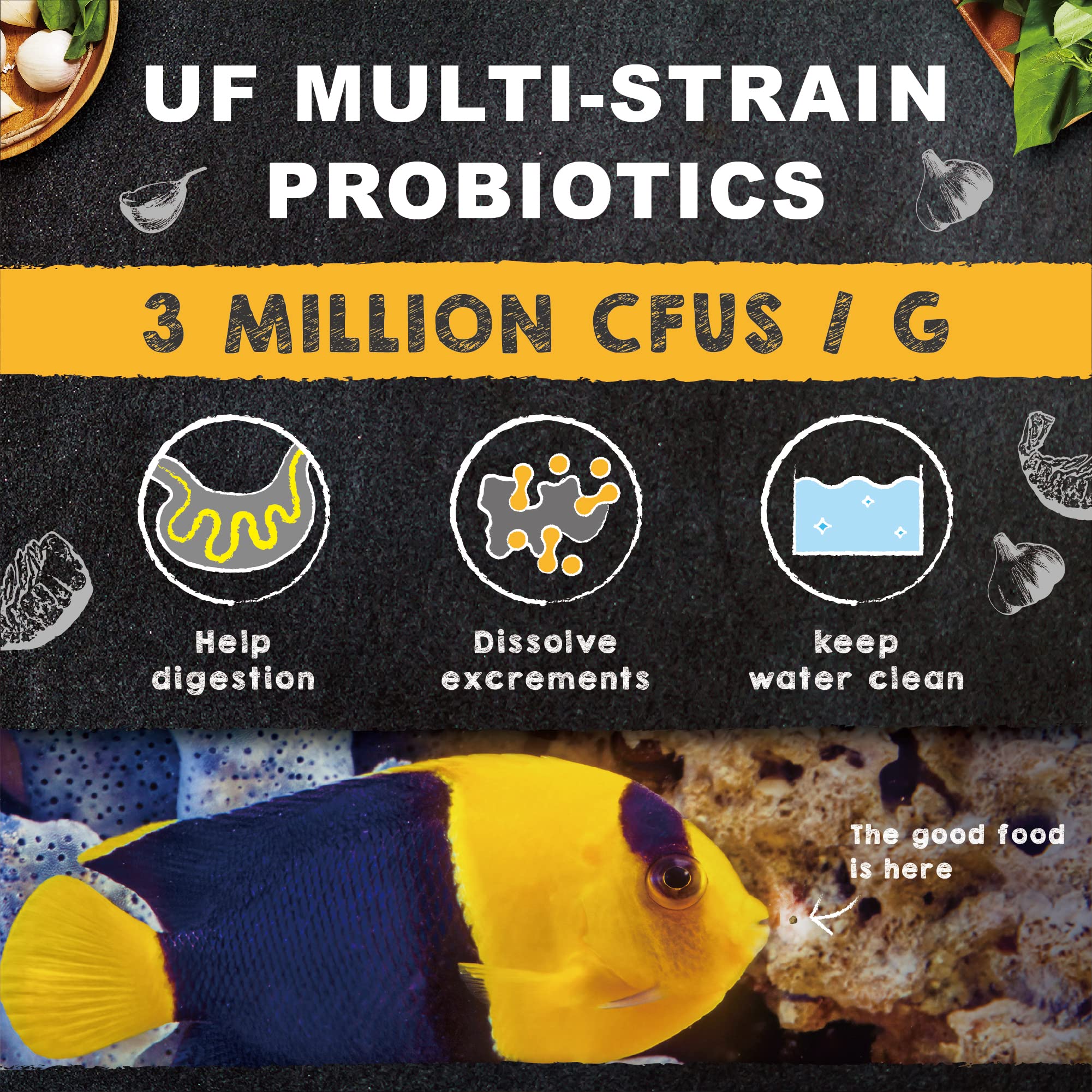 Ultra Fresh Marine Fish Food granule-1-5mm-sized pellets designed for easy intake by clownfish and tangs