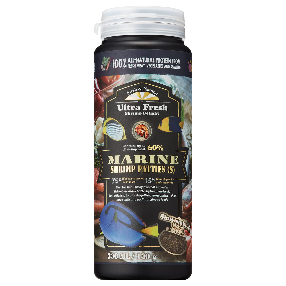 Ultra Fresh Marine Fish Food sword-prawn-flavor boosts palatability for small saltwater fish