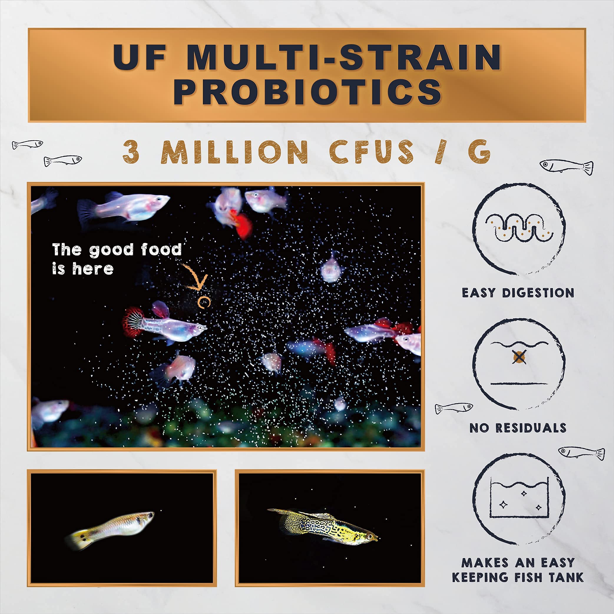 Ultra Fresh vitamin blend (A, C, D3, E, B vitamins) supports fry health and color.