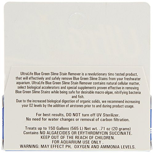 Ultralife Blue Green Slime Remover in action cleans algae without harming fish or plants.