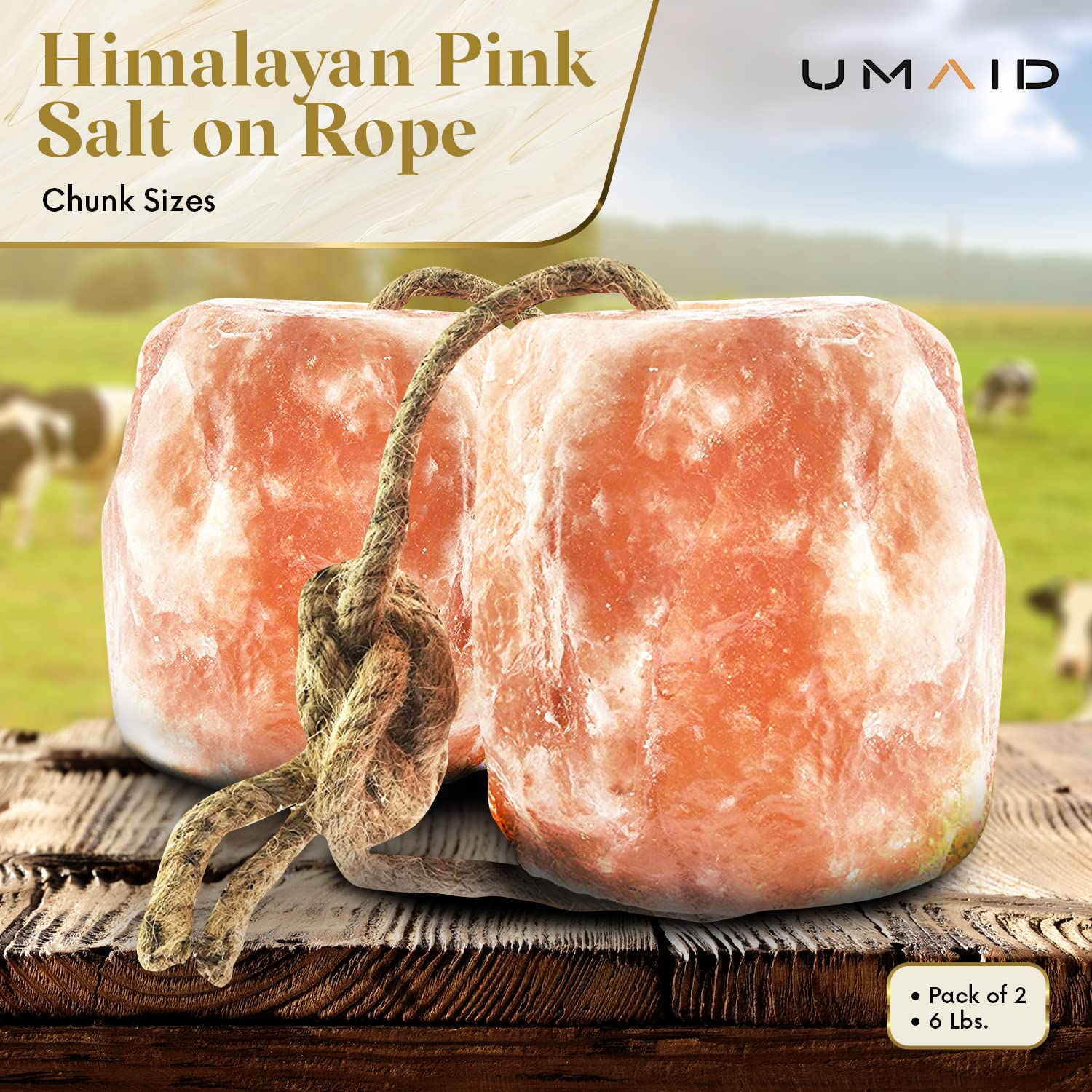 UMAID 6 lb Himalayan salt lick pack provides convenient access for livestock.