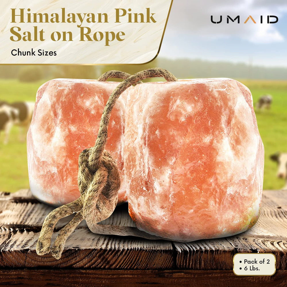 UMAID 6 lb Himalayan salt lick pack provides convenient access for livestock.