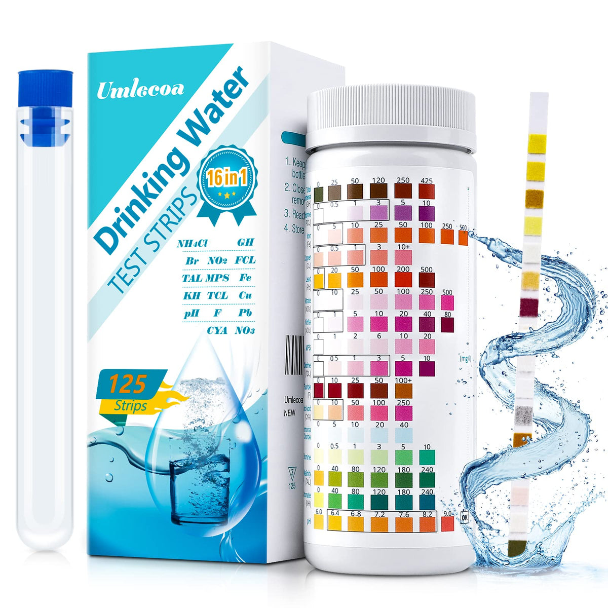 Umlecoa water test kit packaging with 125 strips for home testing