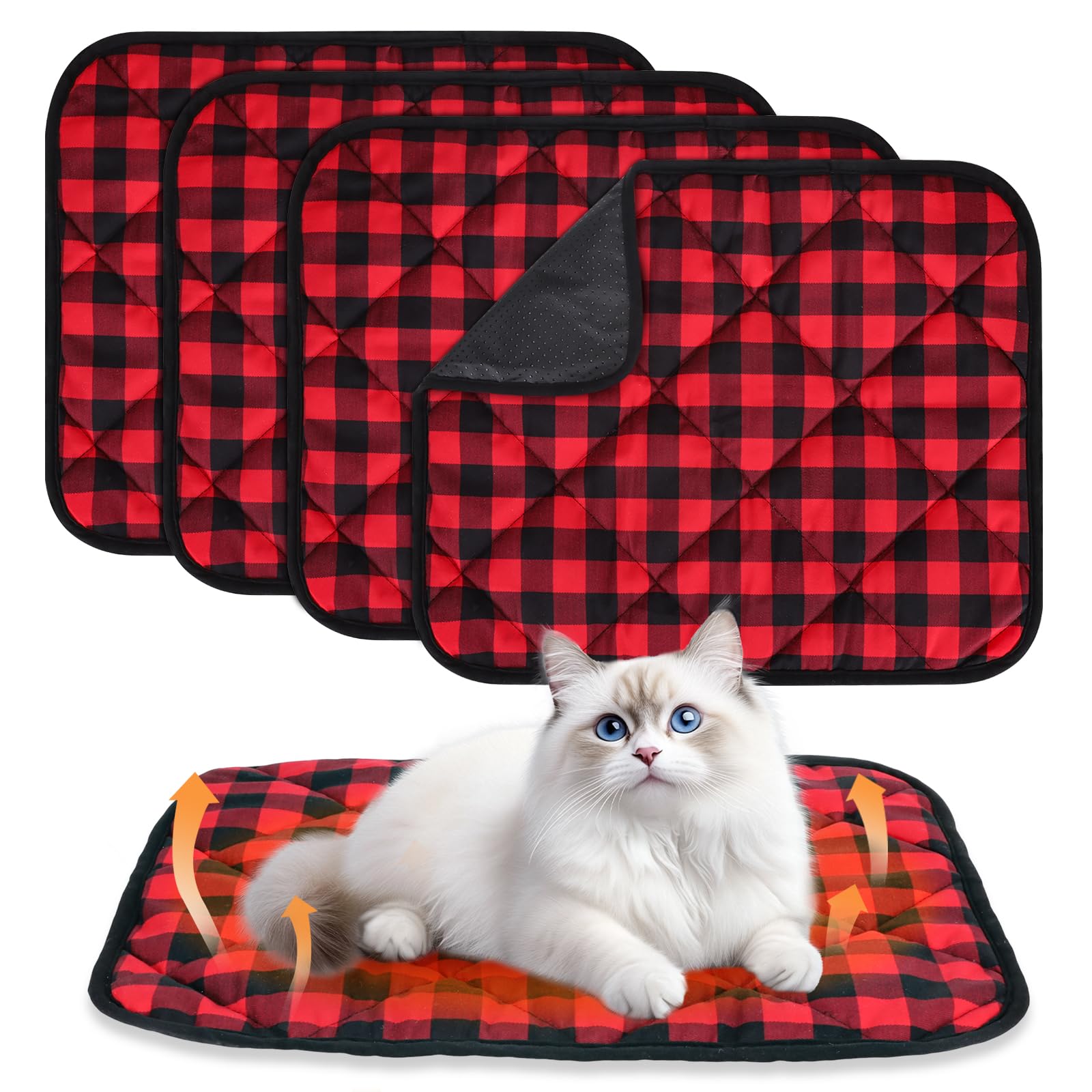 UMMNPR self-warming cat bed 16x20 full view in red buffalo plaid for cozy warmth.