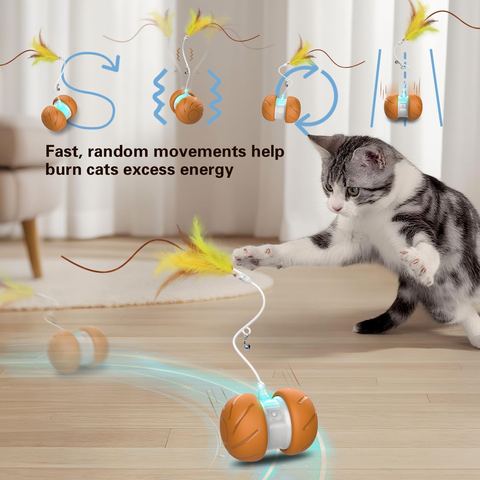 umosis automatic moving robot cat toy rolls unpredictably to stimulate chasing instincts.