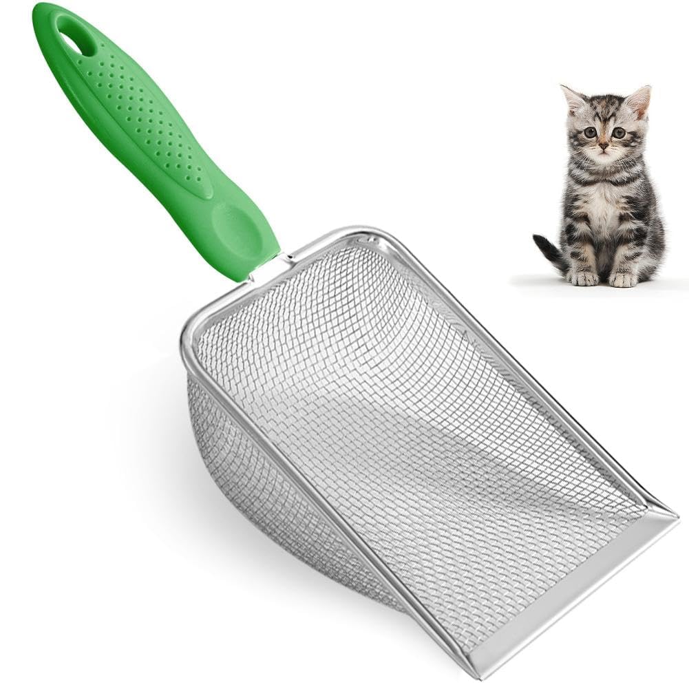 UMUACCAN Apidgrowth metal scoop side view in green showing sturdy stainless mesh for quick cleanup.