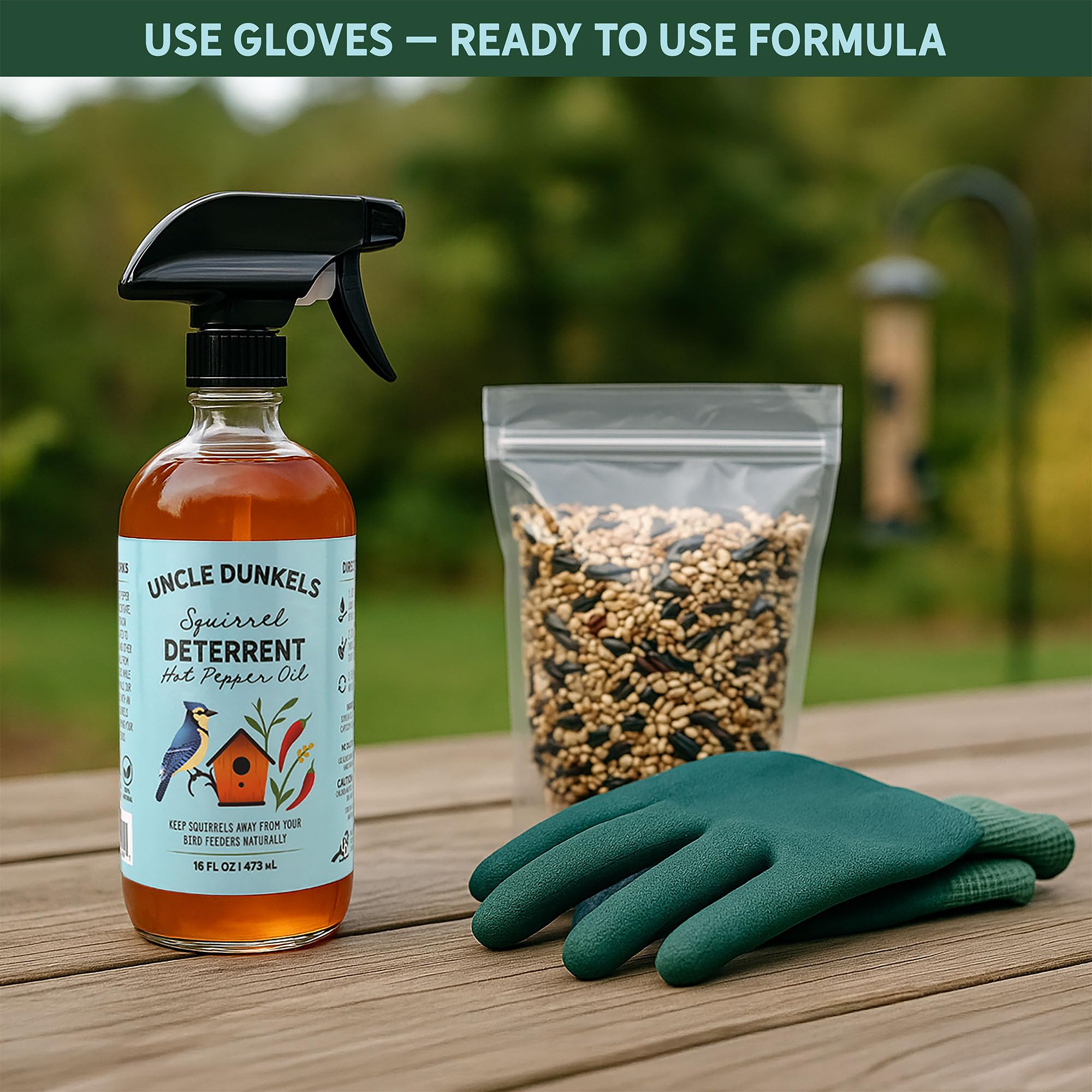 Uncle Dunkels bottle shown with gloves for safe application