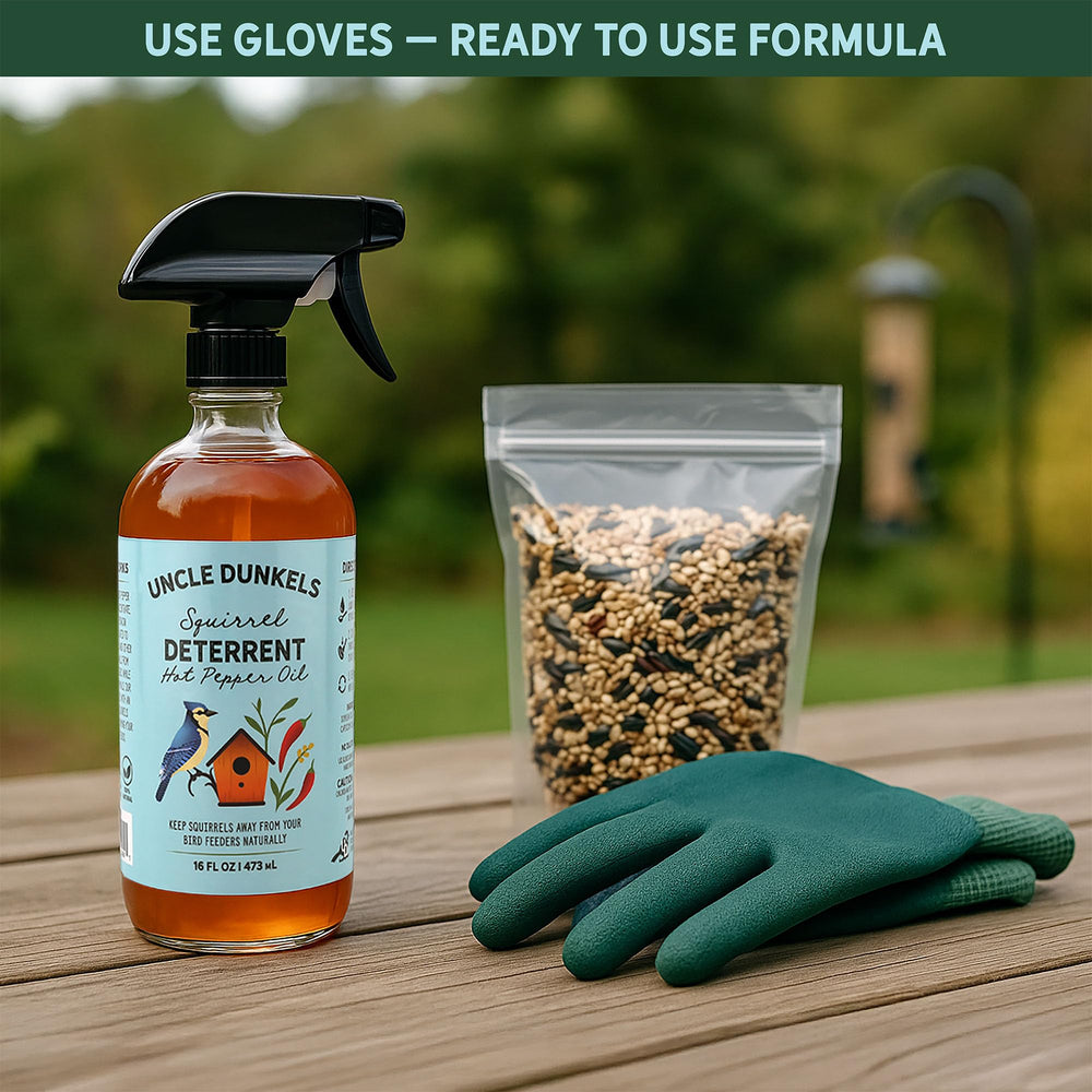 Uncle Dunkels bottle shown with gloves for safe application